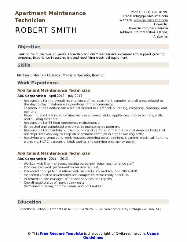 Sample Resume for Apartment Maintenance Worker Apartment Maintenance Technician Resume Samples