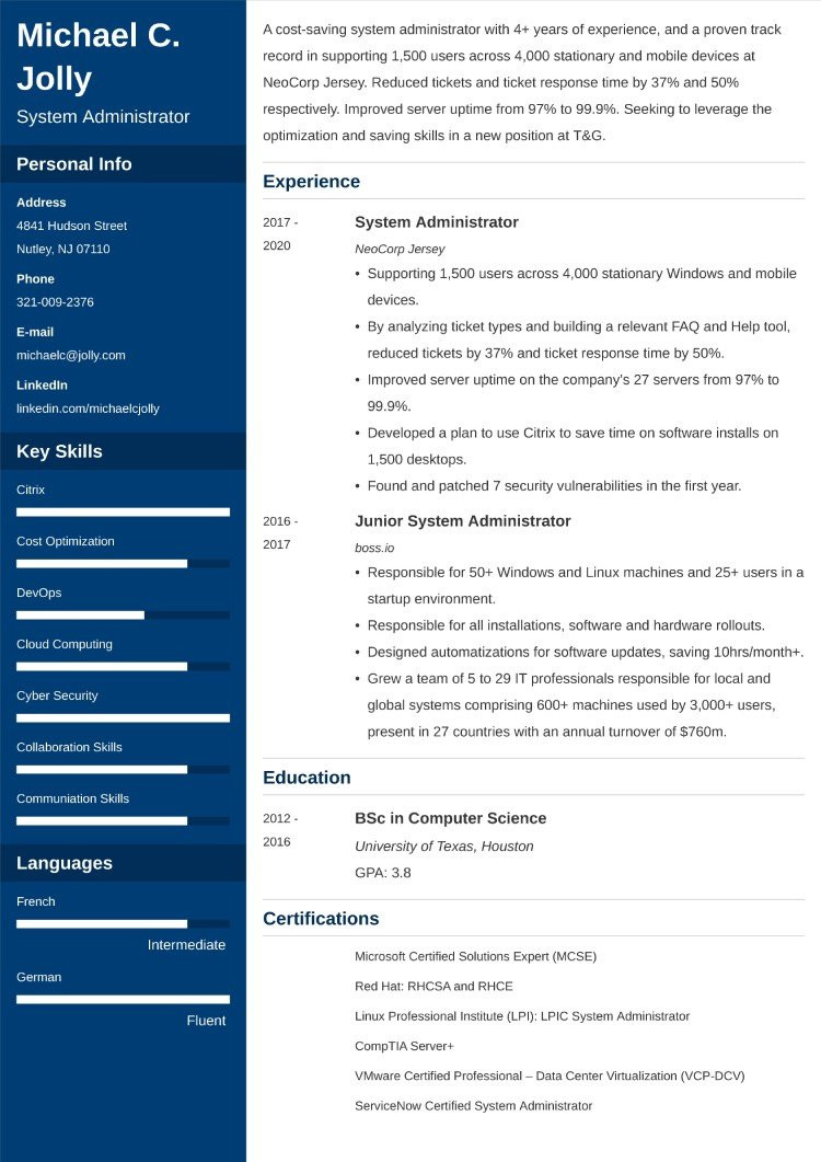 Sample Resume for Computer System Administrator System Administrator Cvâsample and 25lancarrezekiq Writing Tips