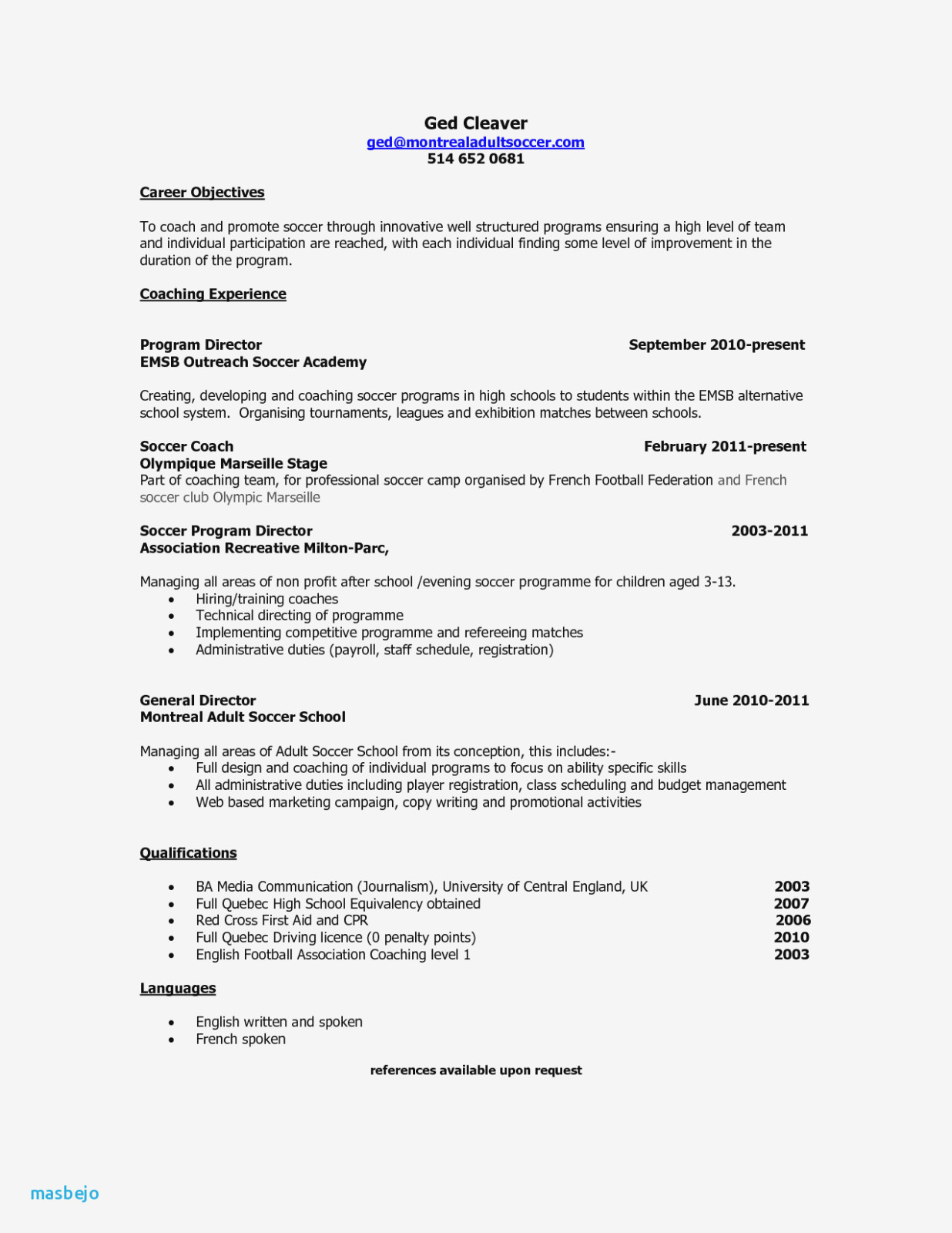 Sample Resume for Football Coaching Position soccer Coach Resume
