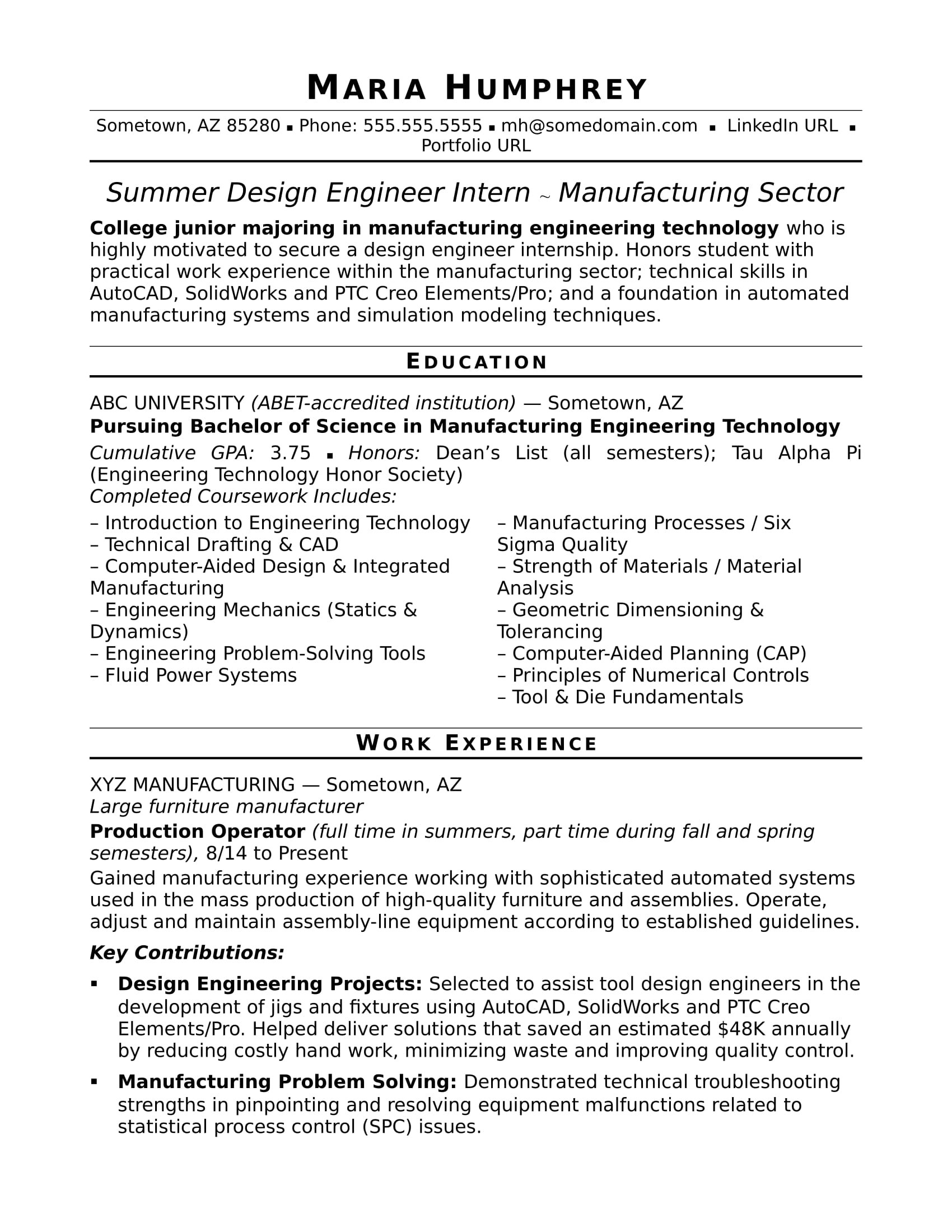 Sample Resume for Fresh Graduate Industrial Engineer Sample Resume for An Entry-level Design Engineer Monster.com