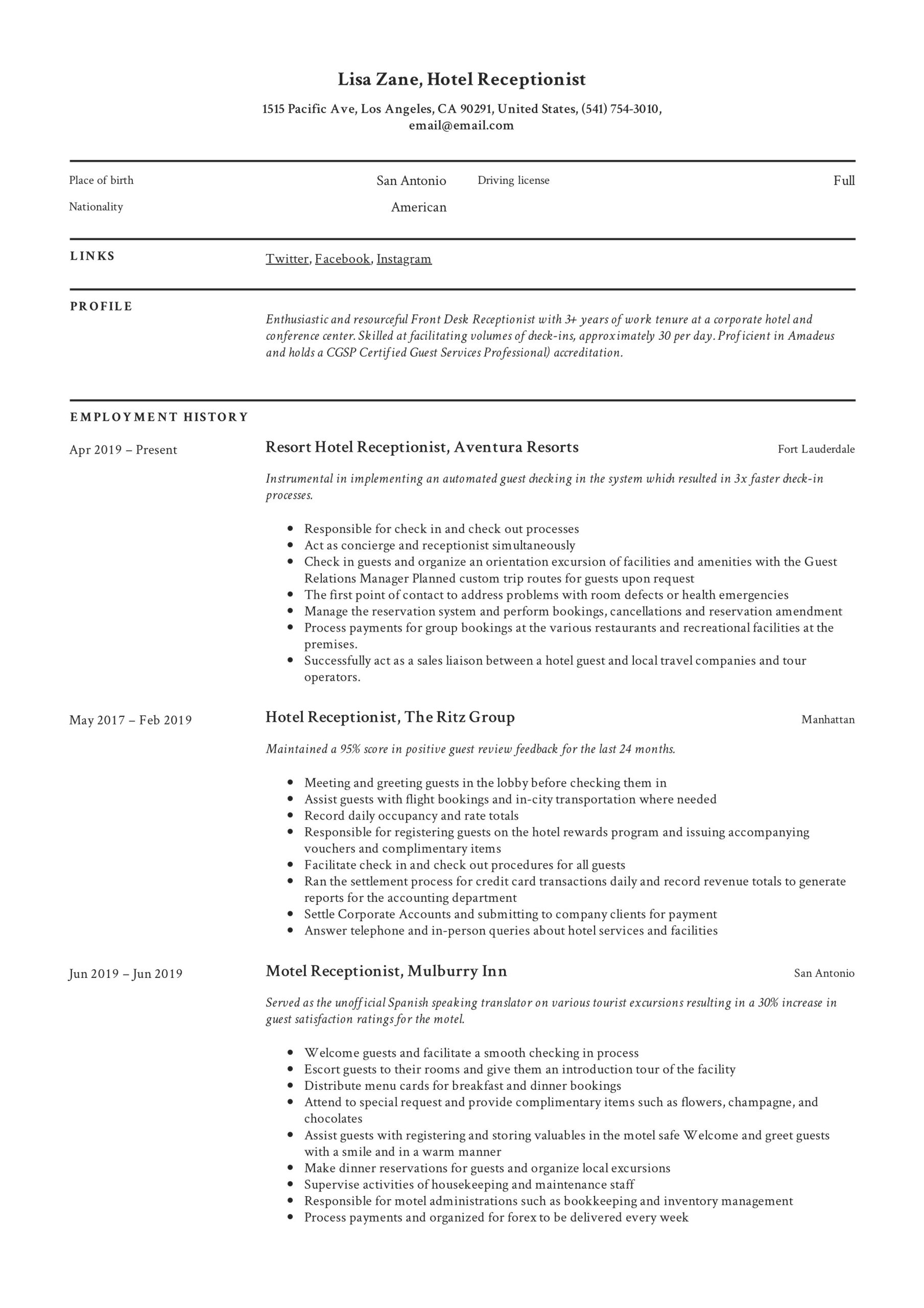 Sample Resume for Front Desk Agent Hotel Hotel Receptionist Resume & Writing Guide  12 Templates 2022