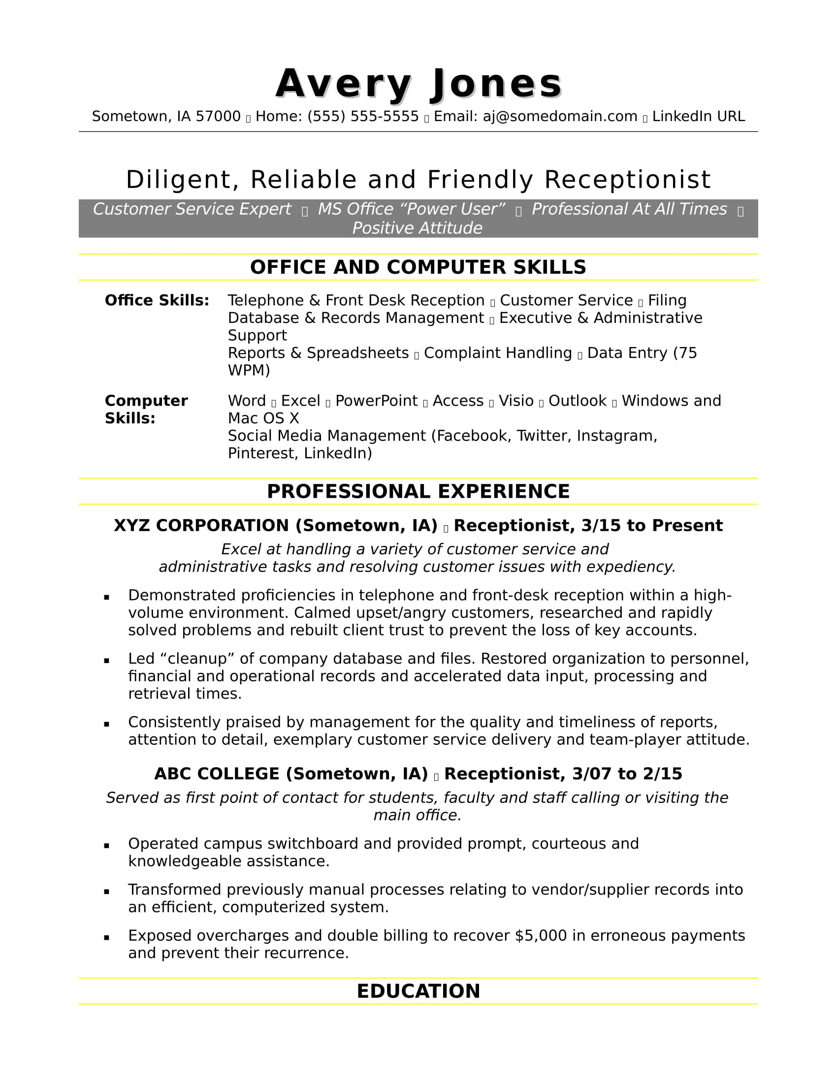 Sample Resume for Front Desk Customer Support Admin Receptionist Resume Monster.com