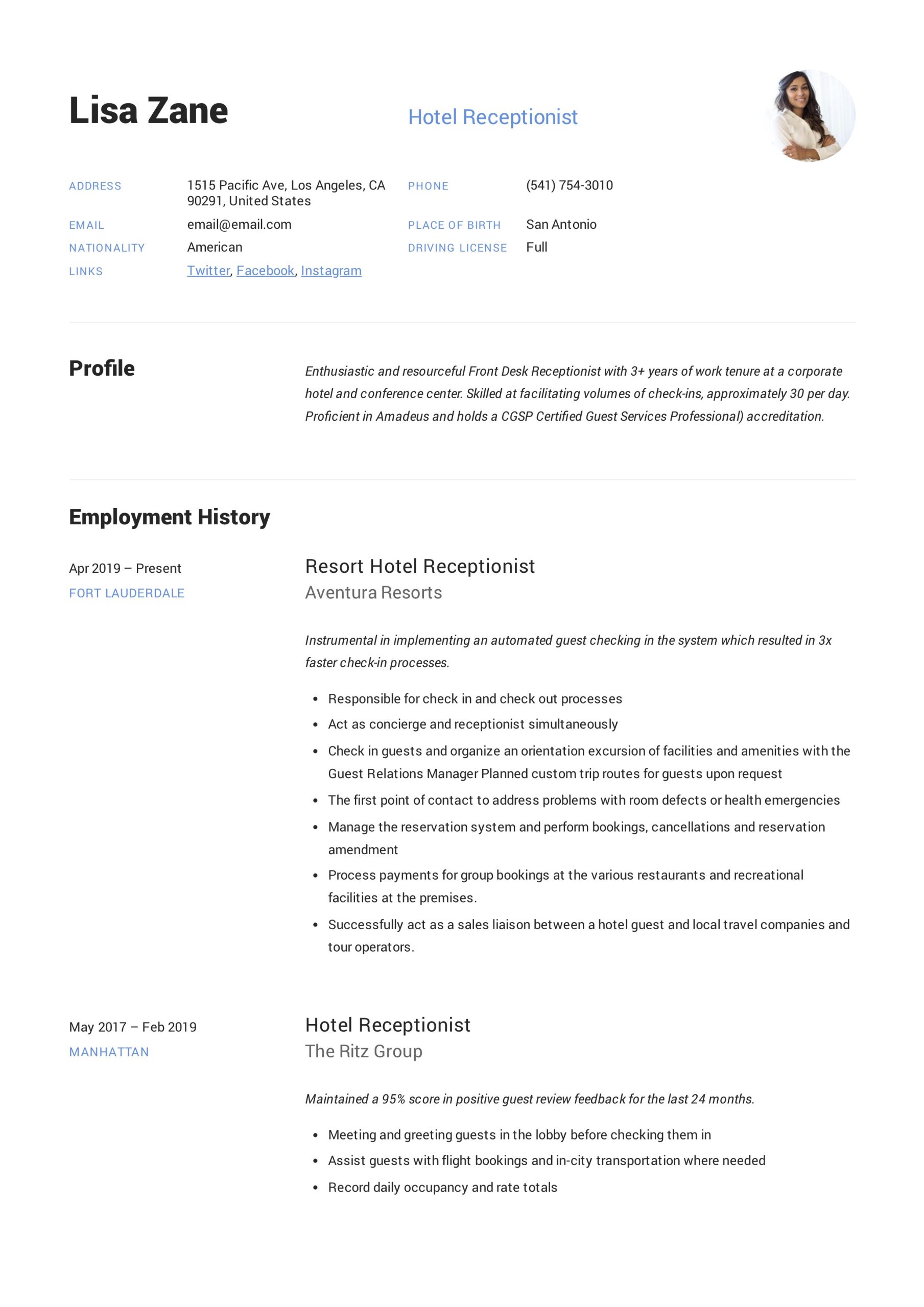 Sample Resume for Front Office In Hotel Hotel Receptionist Resume & Writing Guide  12 Templates 2022