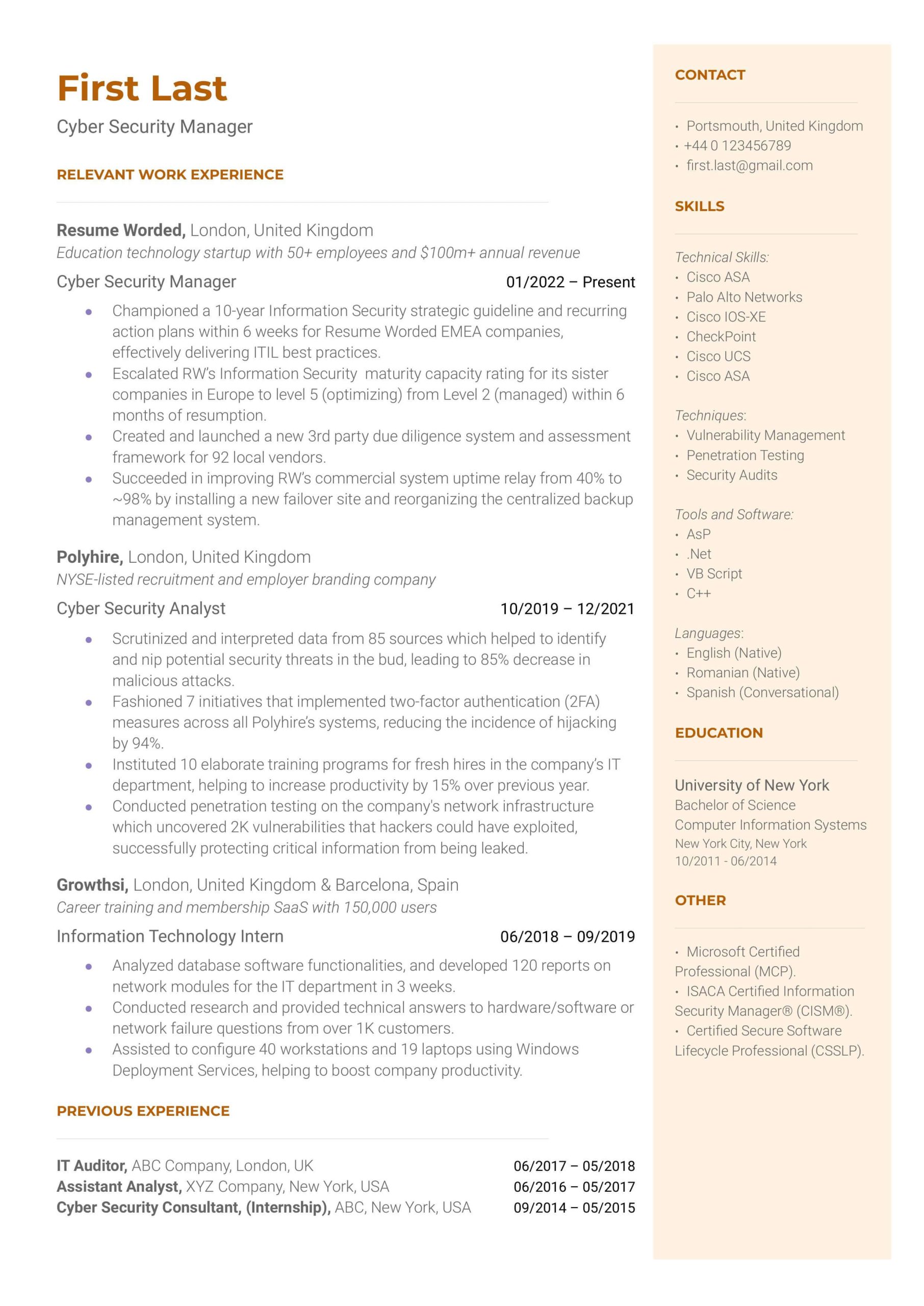Sample Resume for It Security Analyst Cyber Security Manager Resume Example for 2022 Resume Worded