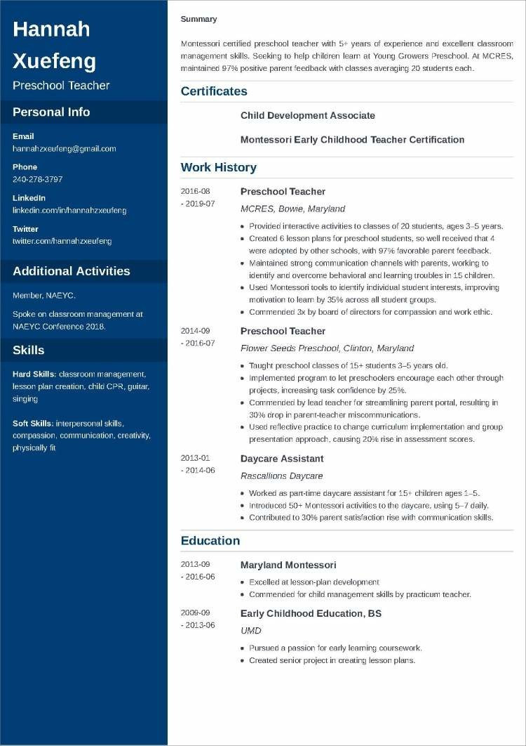 Sample Resume for Montessori Lead Teacher Preschool Teacher Resume Sampleâ20lancarrezekiq Examples and Expert Tips