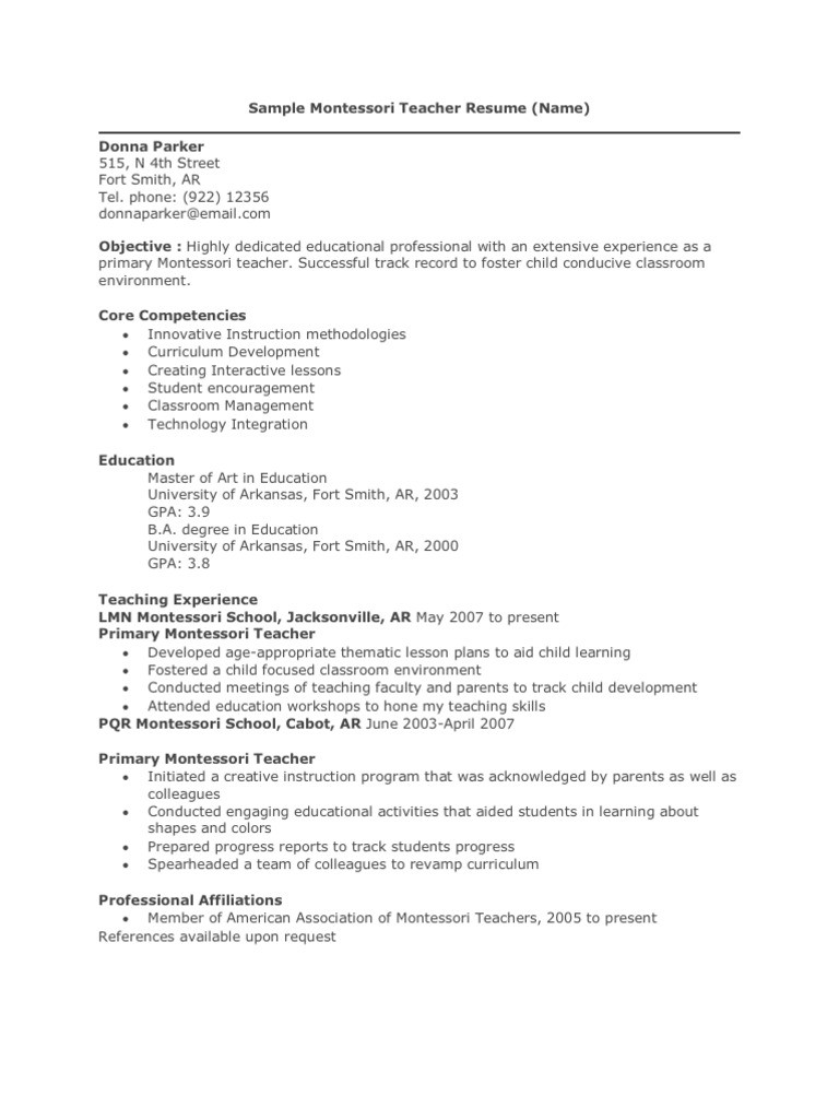 Sample Resume for Montessori Lead Teacher Sample Montessori Teacher Resume Pdf Montessori Education …