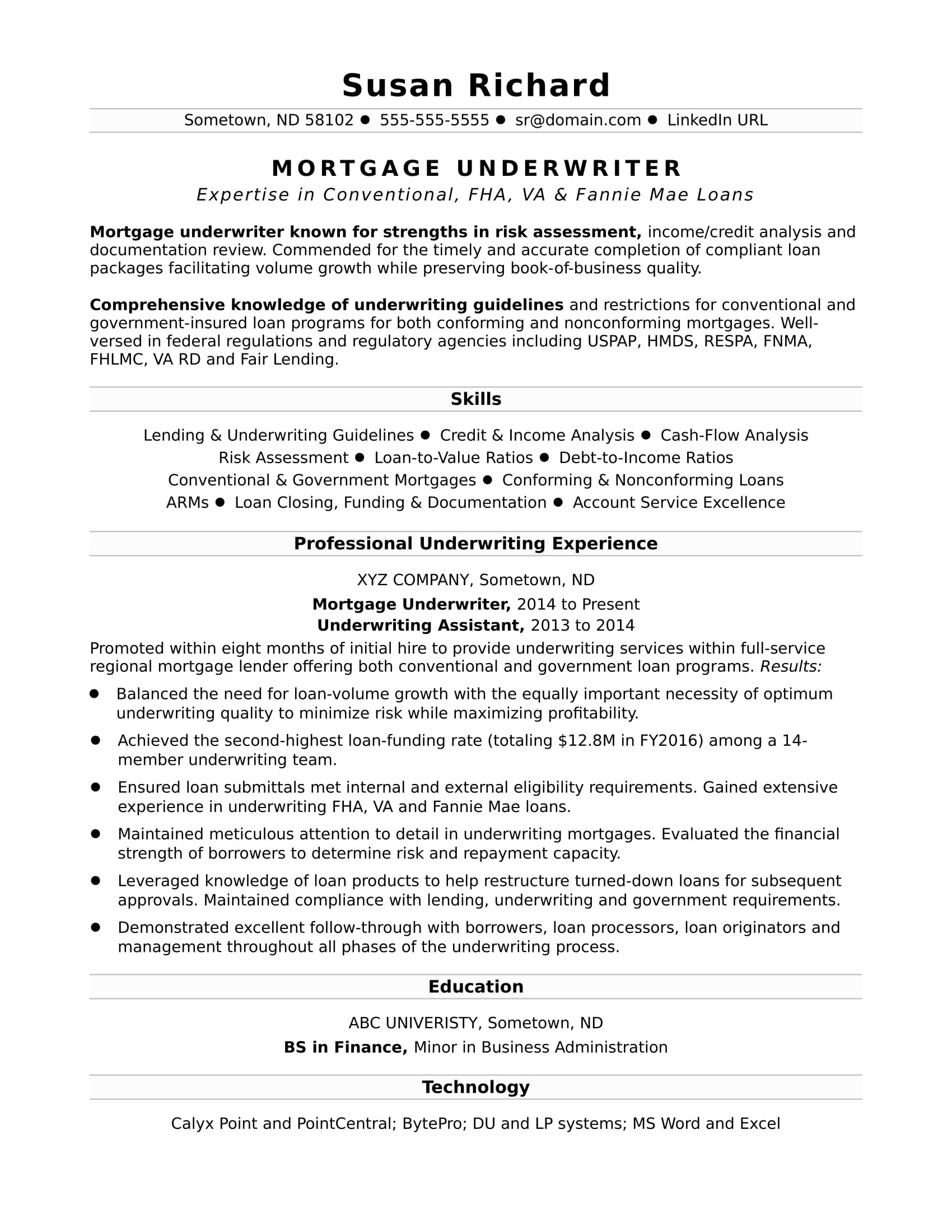 Sample Resume for Mortgage Loan originator Mortgage Underwriter Resume Sample Monster.com