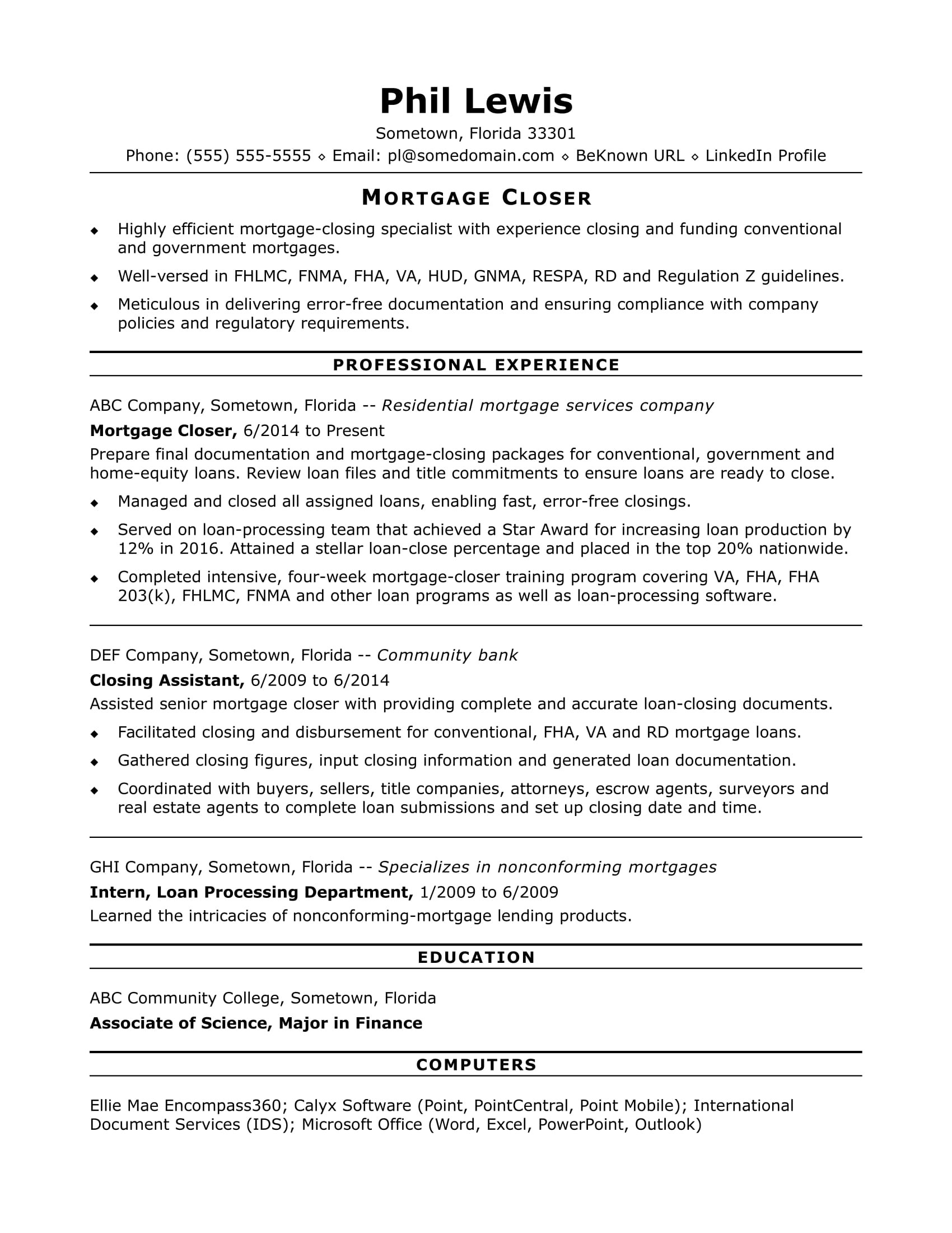 Sample Resume for Mortgage Loan Specialist Mortgage Closer Resume Sample Monster.com