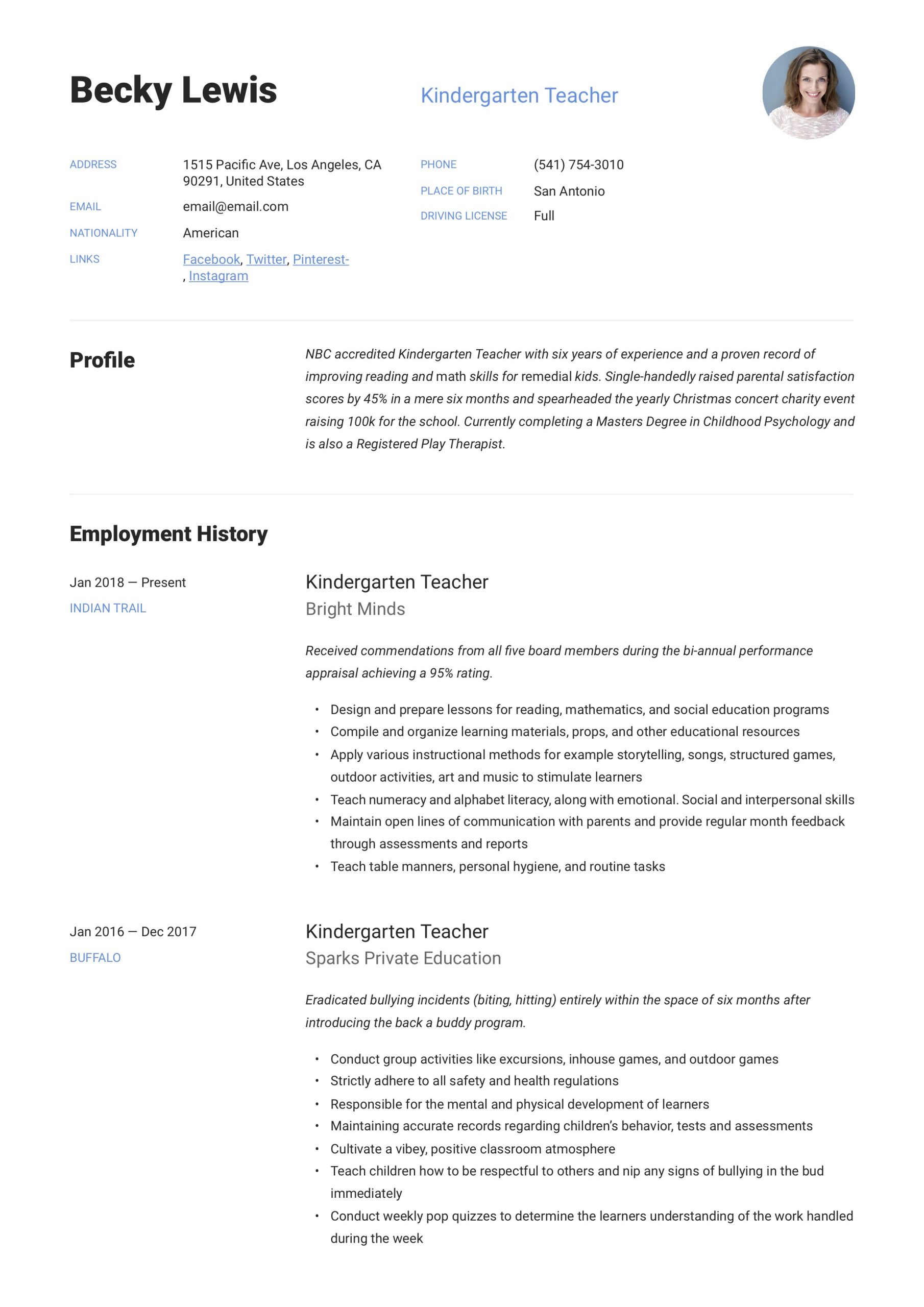 Sample Resume for Preschool Teaching Job Kindergarten Teacher Resume & Writing Guide  12 Examples 2020
