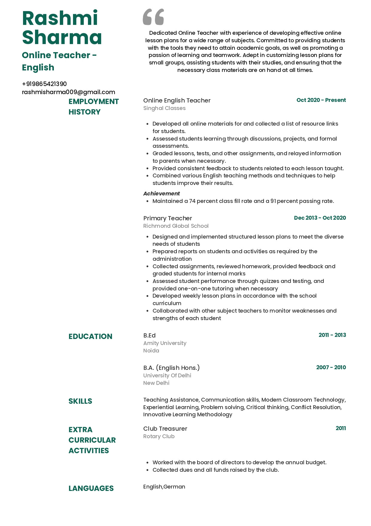 Sample Resume for Primary Teachers In India Sample Resume Of Online English Teacher with Template & Writing …