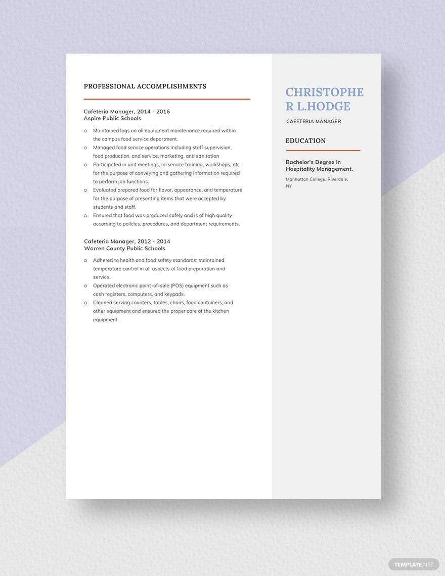 Sample Resume for School Cafeteria Manager Cafeteria Manager Resume Template – Word, Apple Pages Template.net Sample Resume for School Cafeteria Manager Cafeteria Manager Resume Template – Word, Apple Pages Template.net