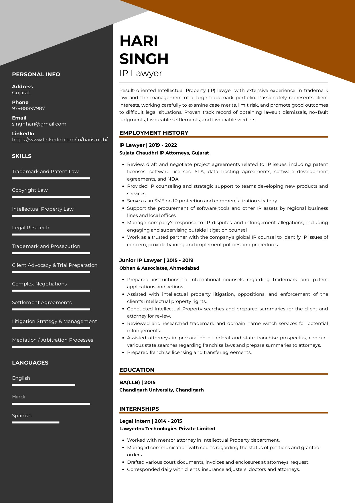 resume of intellectual property ip lawyer
