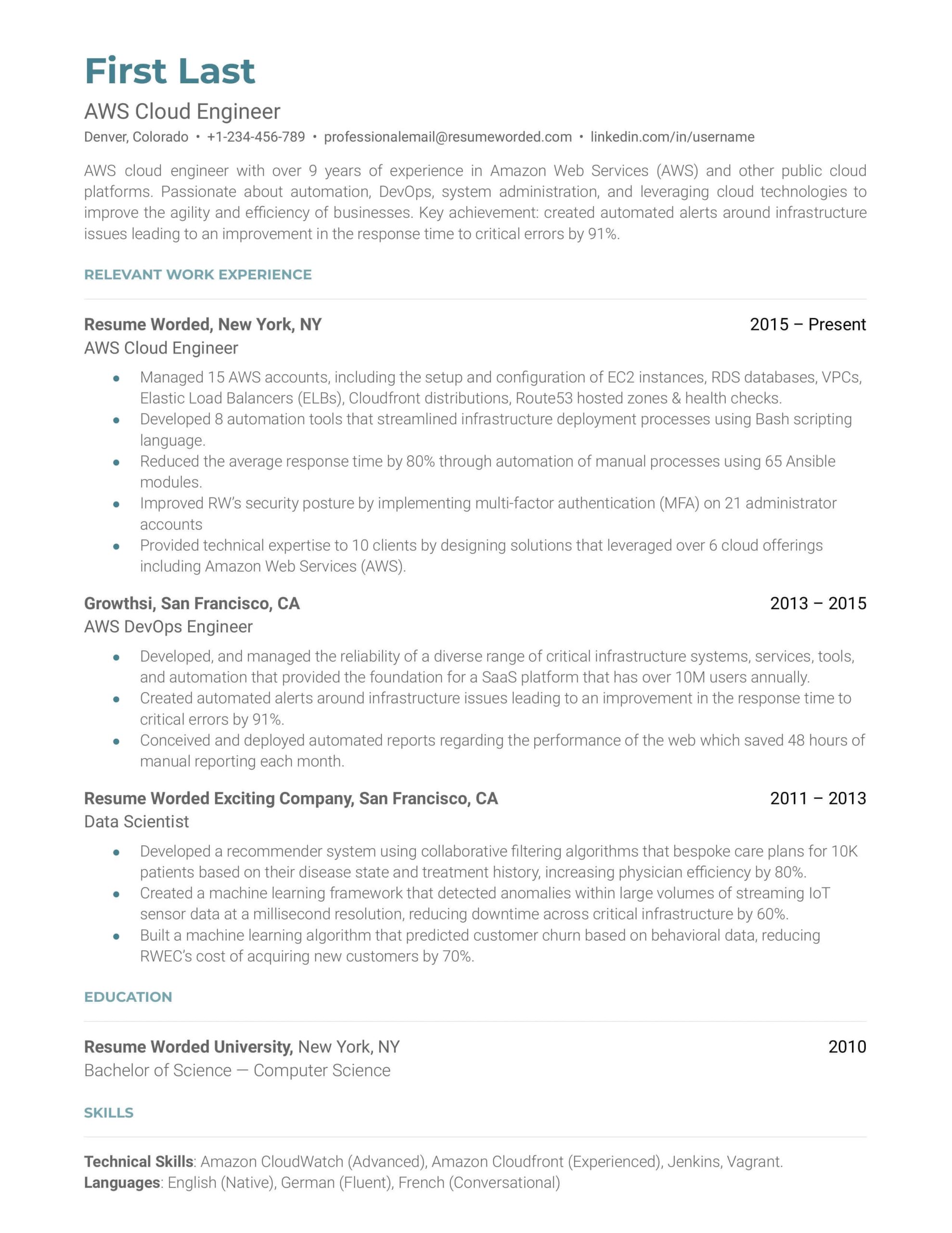 Sample Resume for Two Year Experience In Aws Aws Cloud Engineer Resume Example for 2022 Resume Worded