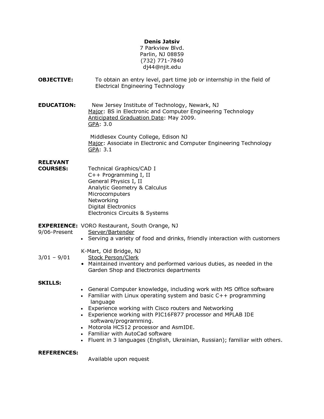Sample Resume Objective for Part Time Job First Job Resume Job Objective – Free Documents