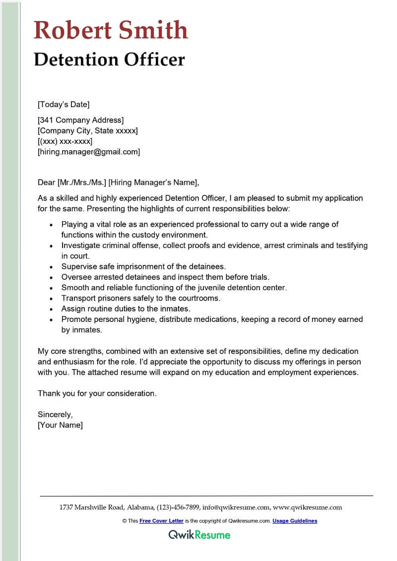 Sample Resume Objective Juvenile Detention Manager Detention Officer Cover Letter Examples – Qwikresume