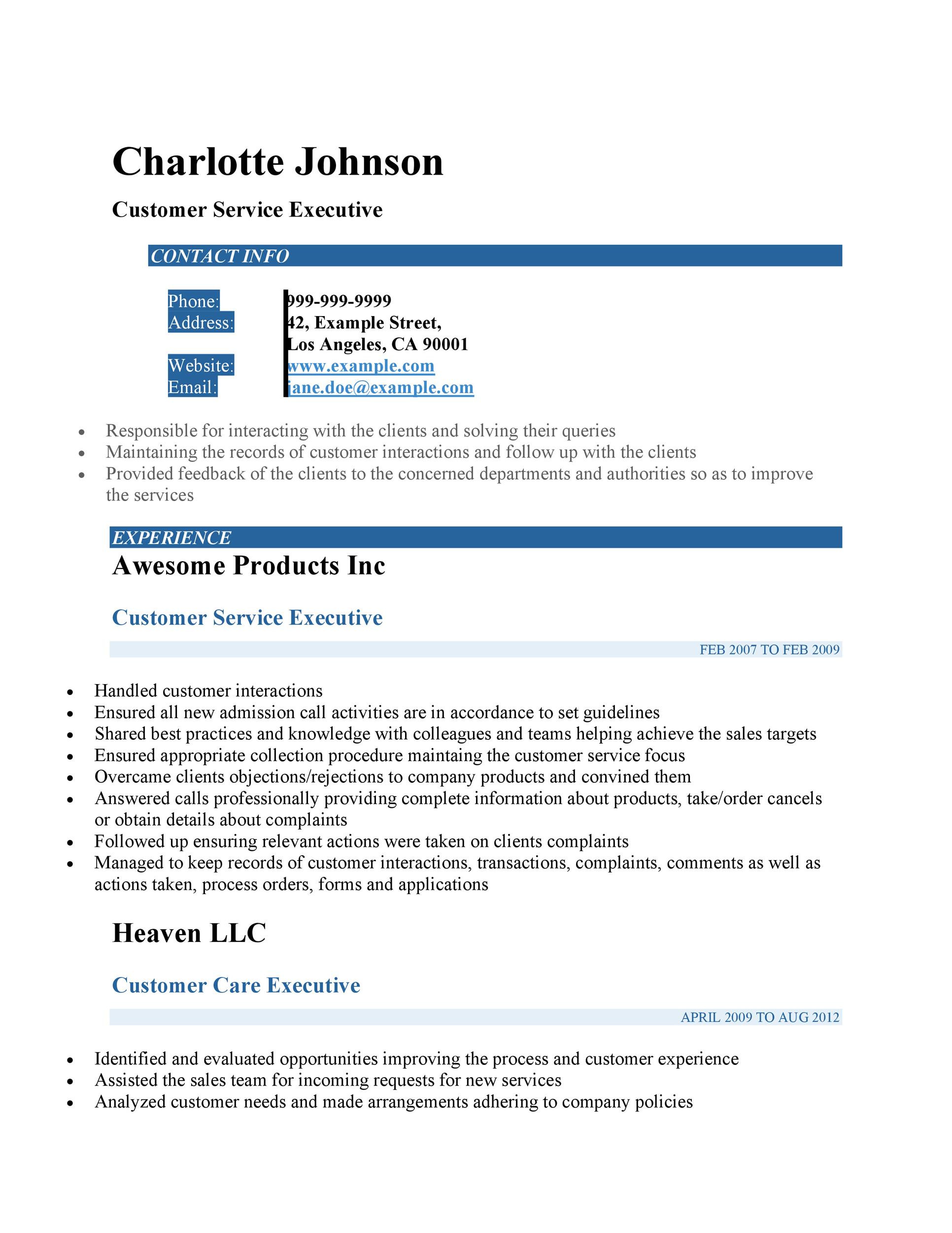 Sample Resume Of Customer Care Executive 30lancarrezekiq Customer Service Resume Examples á Templatelab