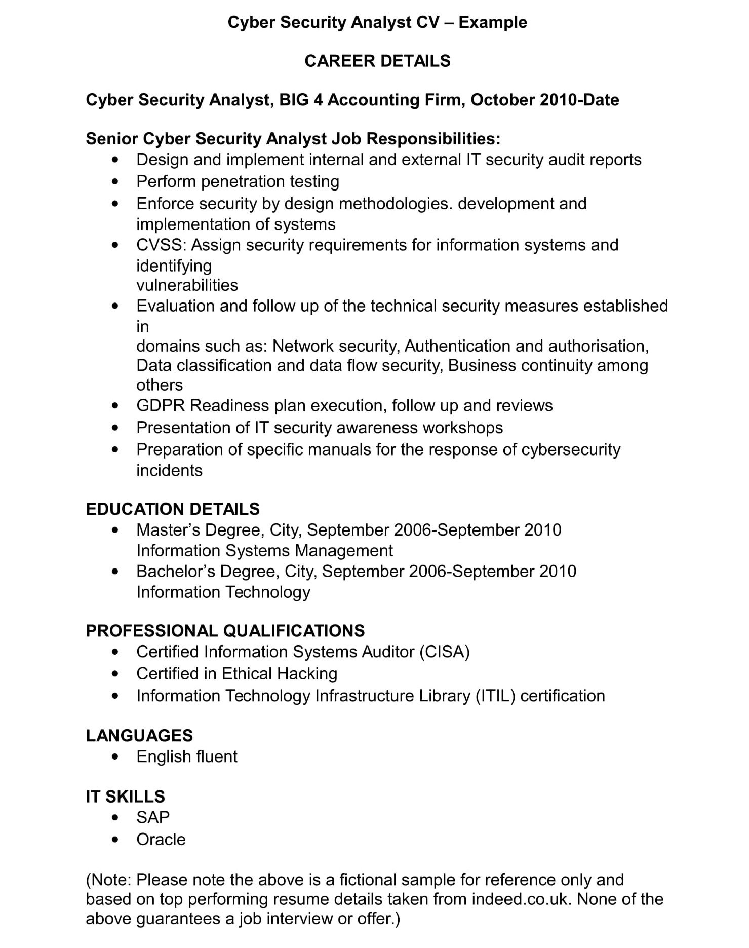 Sample Resume Of Cyber Security Analyst Cyber Security Cv Template Examples Audit, Finance Management