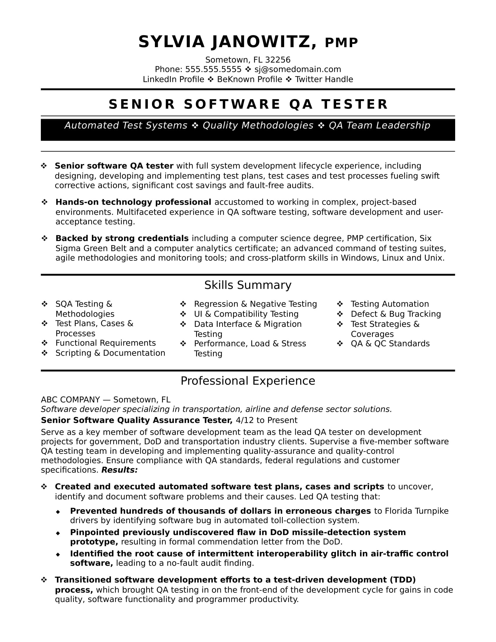 Sample Resume with Agile Testing Experience Experienced Qa software Tester Resume Sample Monster.com