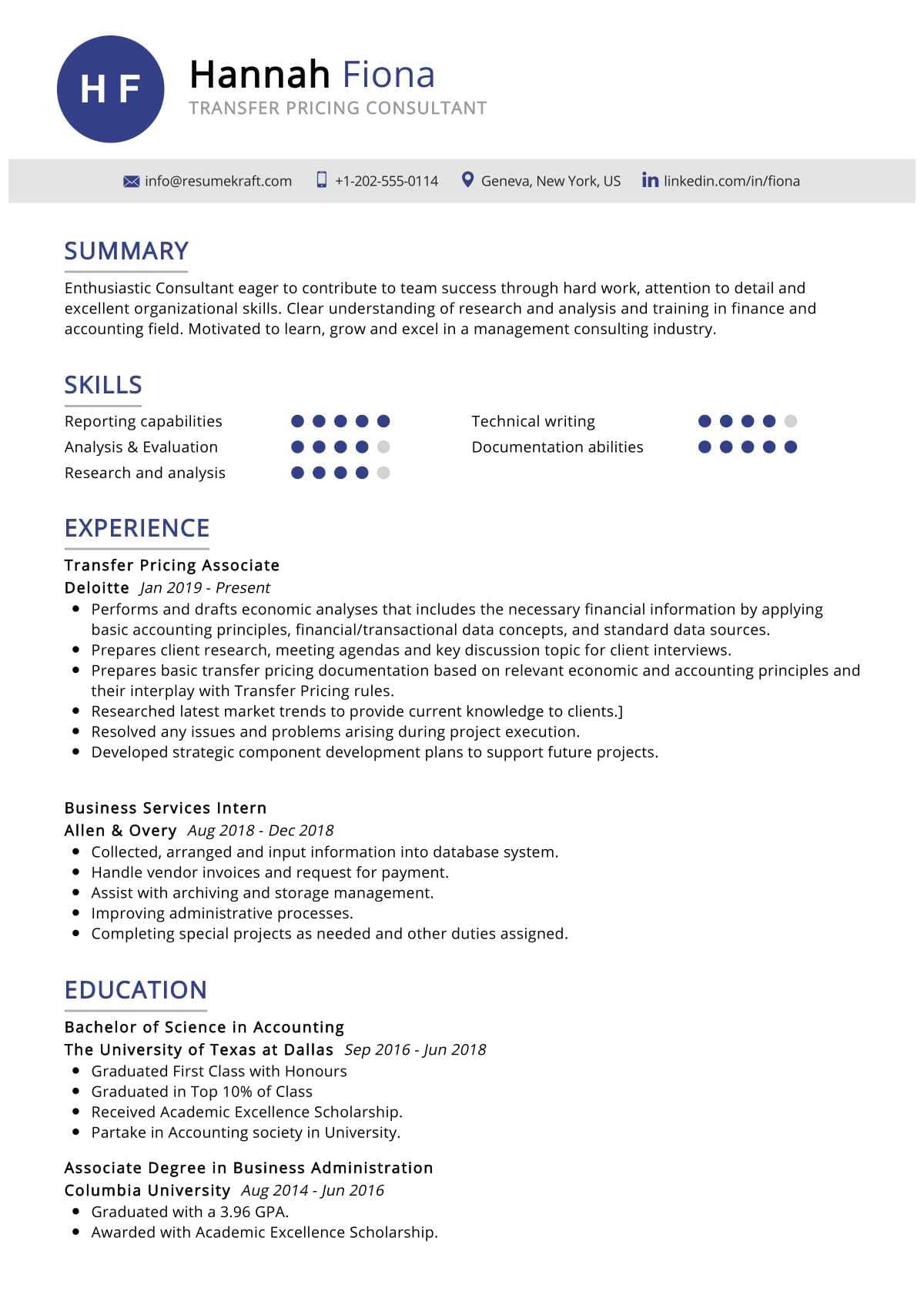 Sample Resume with Big 4 Tax Intern Experience Transfer Pricing Consultant Resume Sample 2022 Writing Tips …