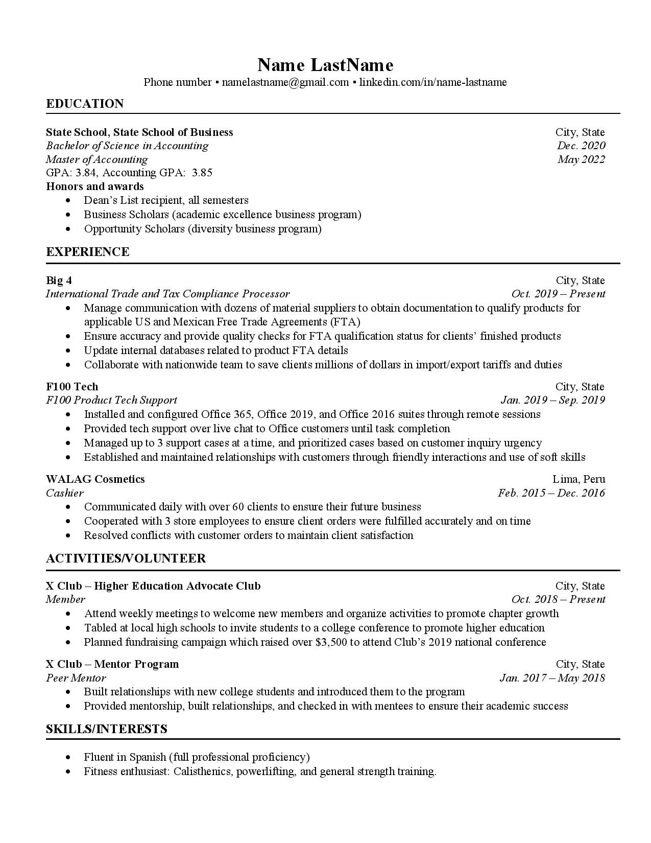 Sample Resume with Big 4 Tax Internexperience Resume Critique. Applying to Goldman Sachs’ Tax Program : R …