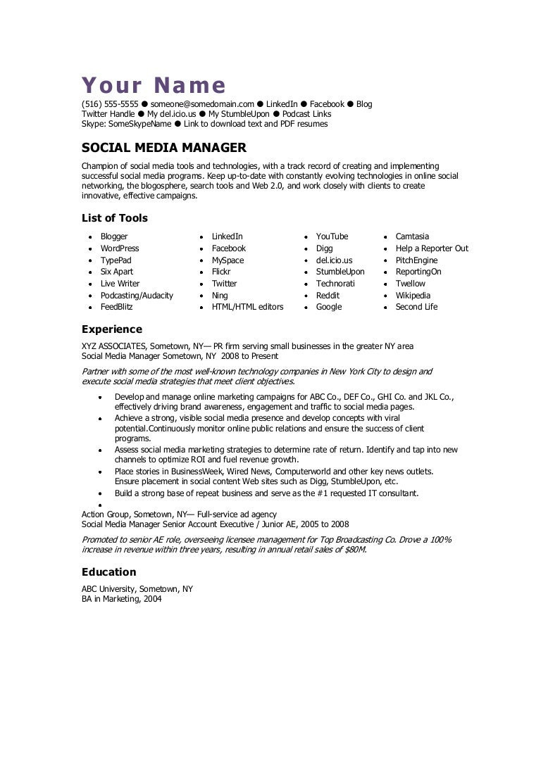 Sample Resume with social Media Links social Media Manager Cv Template