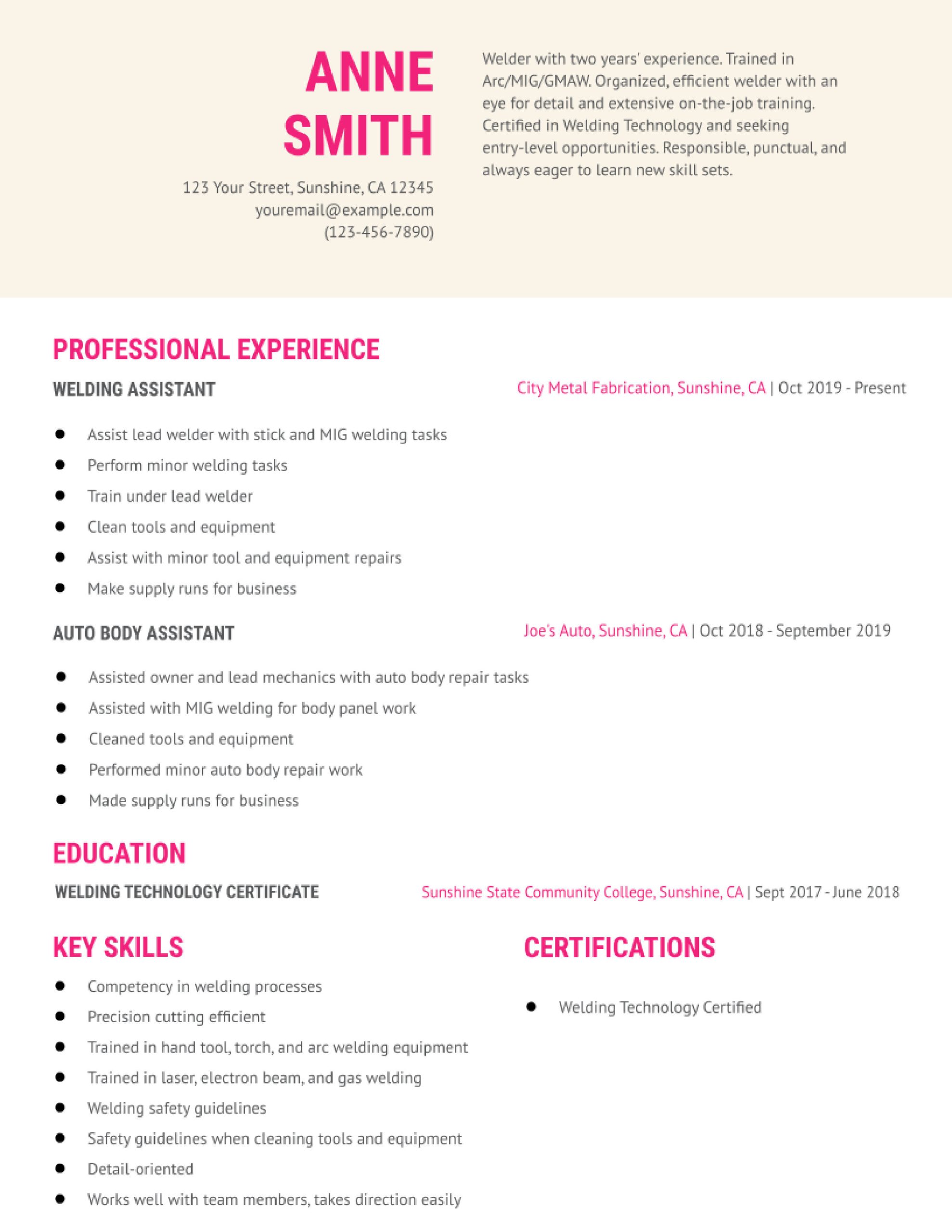 Samples Of Entry Level Welding Resumes Welder Resume Examples In 2022 – Resumebuilder.com