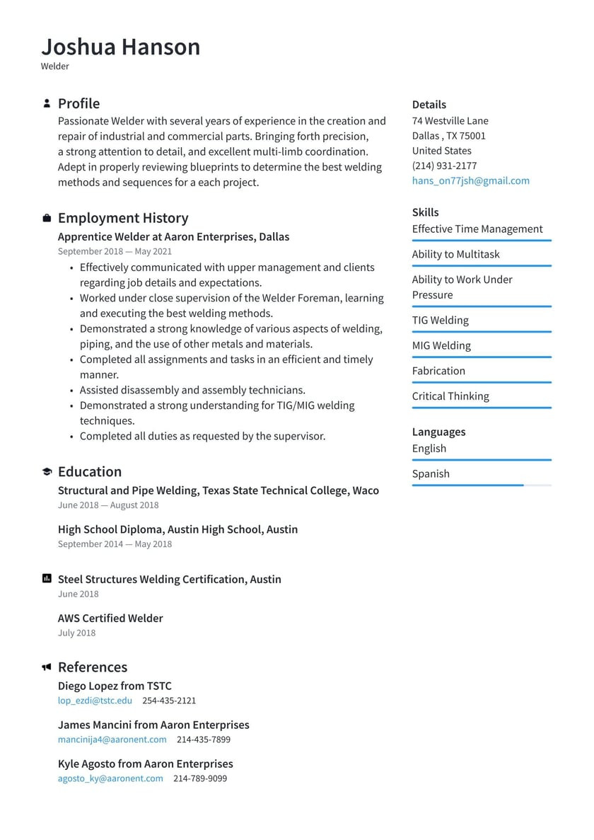 Samples Of Entry Level Welding Resumes Welder Resume Examples & Writing Tips 2022 (free Guide) Â· Resume.io