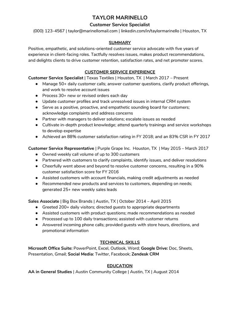 Samples Of Excellent Customer Service Resumes How to Write A Customer Service Resume (plus Example) the Muse