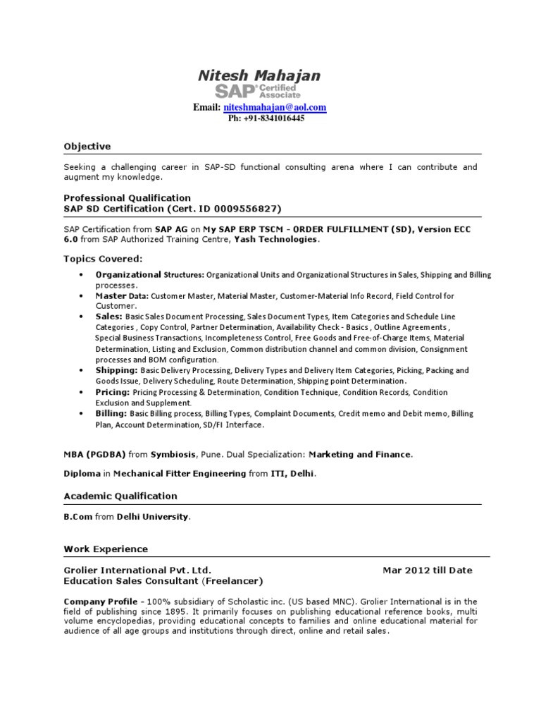 SAP SD Certified Fresher CV