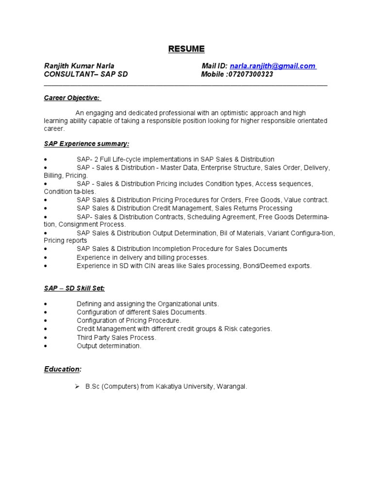 Sap SD Consultant Resume