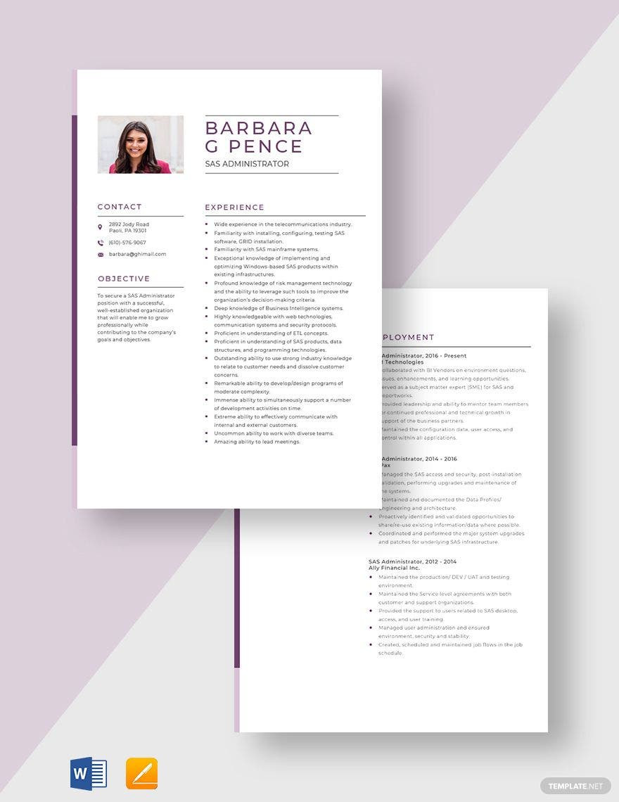 Sas Administrator Grid Experience Resumes Sample Free Free Sas Administrator Resume Template – Word, Apple Pages …