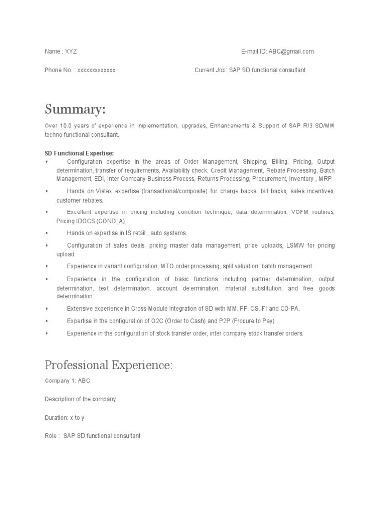 Scheduling Agreements Sap Sd Sample Resumes Sap Sd Sample Resume with 10 Years Pdf Electronic Data …