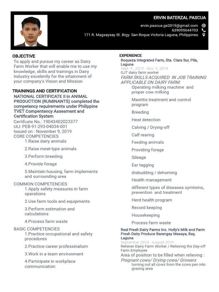 Technical Worker at the Farm Resume Sample Resume Sample Pdf Pdf Dairy Calf