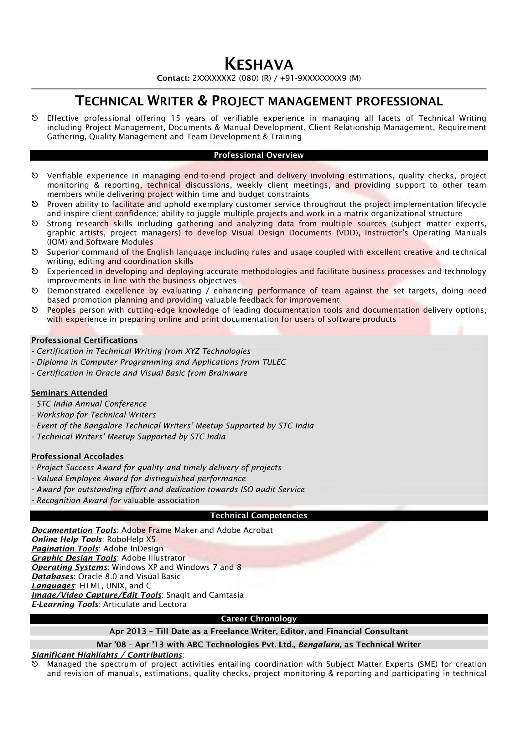 Technical Writing Resume Samples for Freshers Technical Writer Sample Resumes, Download Resume format Templates!