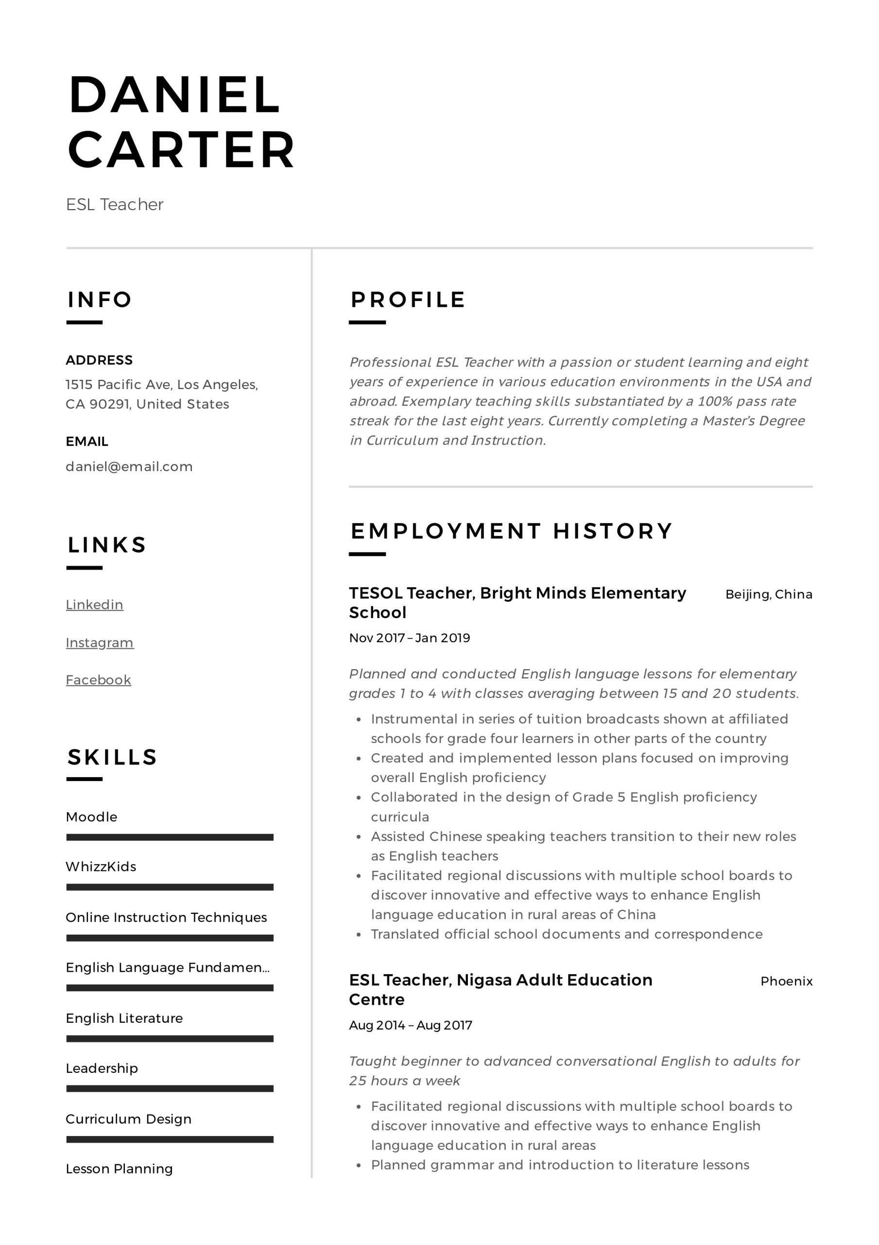 Tefl Teacher Resume Sample No Experieince 19 Esl Teacher Resume Examples & Writing Guide 2022