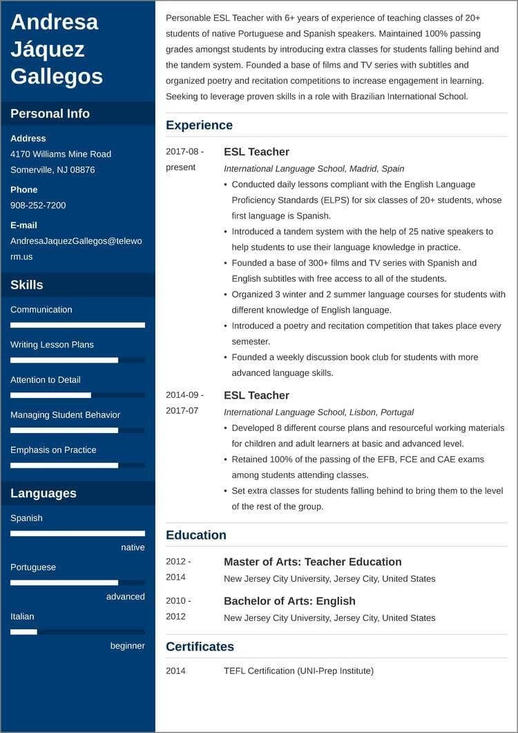 Tefl Teacher Resume Sample No Experieince Esl Teacher Resumeâsamples for Esl Teaching Jobs