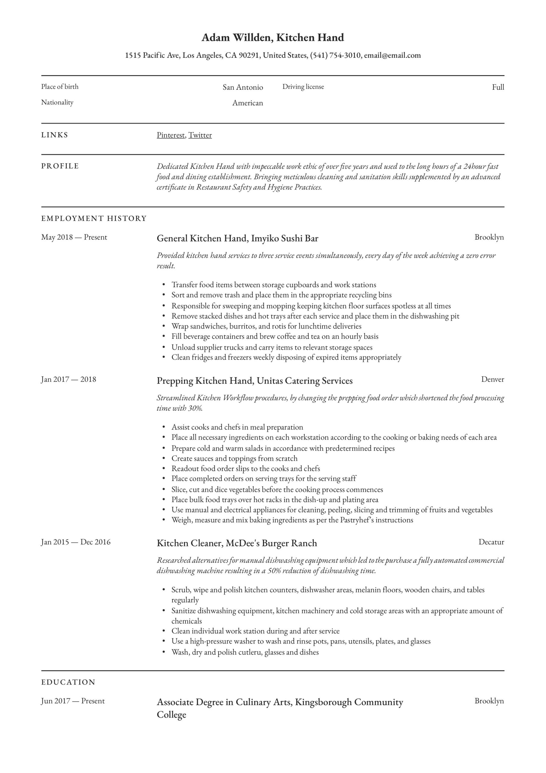 Volunteer Experience at soup Kitchen Resume Sample Kitchen Hand Resume & Writing Guide  12 Free Templates 2020