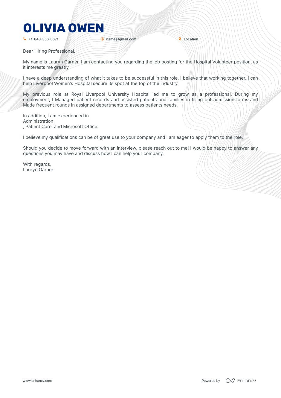 Volunteer In A Hospital Resume Cover Letter Samples Real Hospital Volunteer Cover Letter Example for 2022