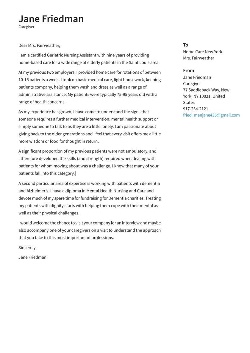 Aged Care Resume Cover Letter Sample Caregiver Cover Letter Examples & Expert Tips [free] Â· Resume.io