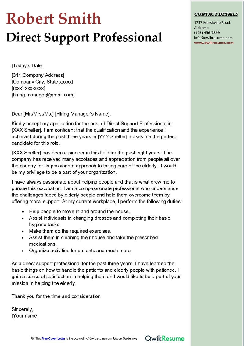 Aged Care Resume Cover Letter Sample Direct Support Professional Cover Letter Examples – Qwikresume