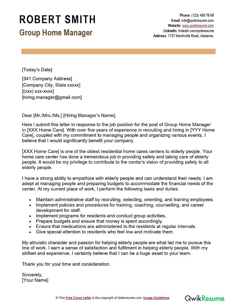 Aged Care Resume Cover Letter Sample Group Home Manager Cover Letter Examples – Qwikresume