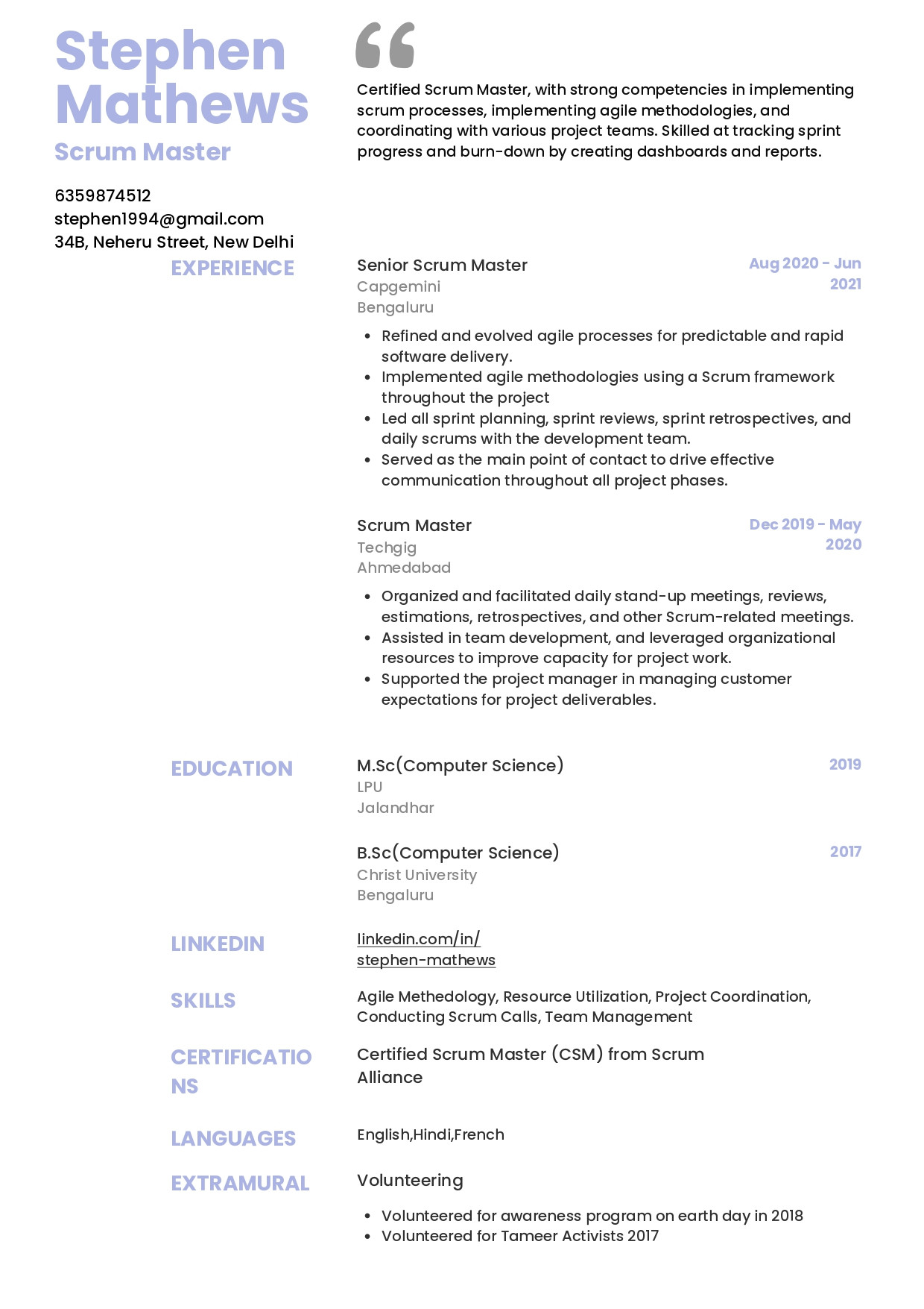 Agile Methodology Listed On Resume Sample Sample Resume Of Scrum Master with Template & Writing Guide …