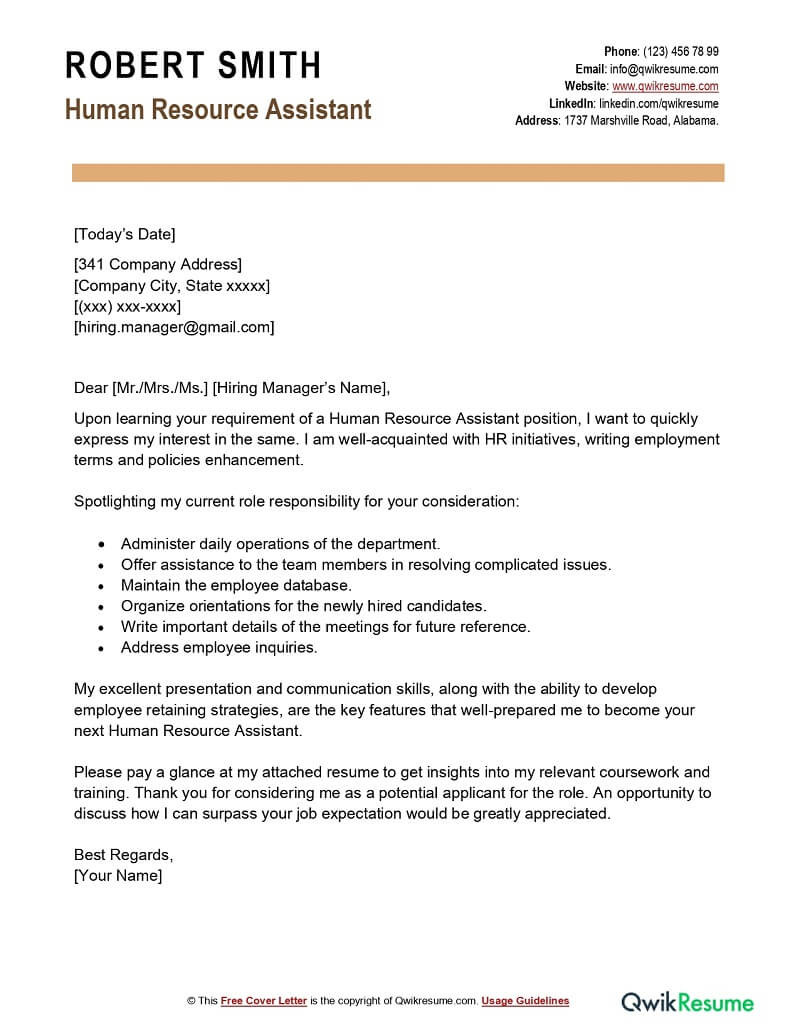 Cover Letter for Resume Hr Samples Human Resource assistant Cover Letter Examples – Qwikresume