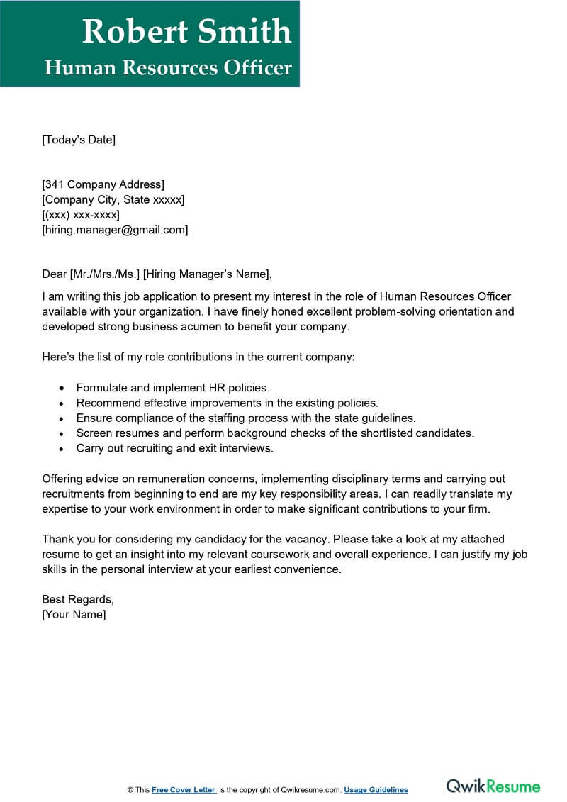 Cover Letter for Resume Hr Samples Human Resources Officer Cover Letter Examples – Qwikresume