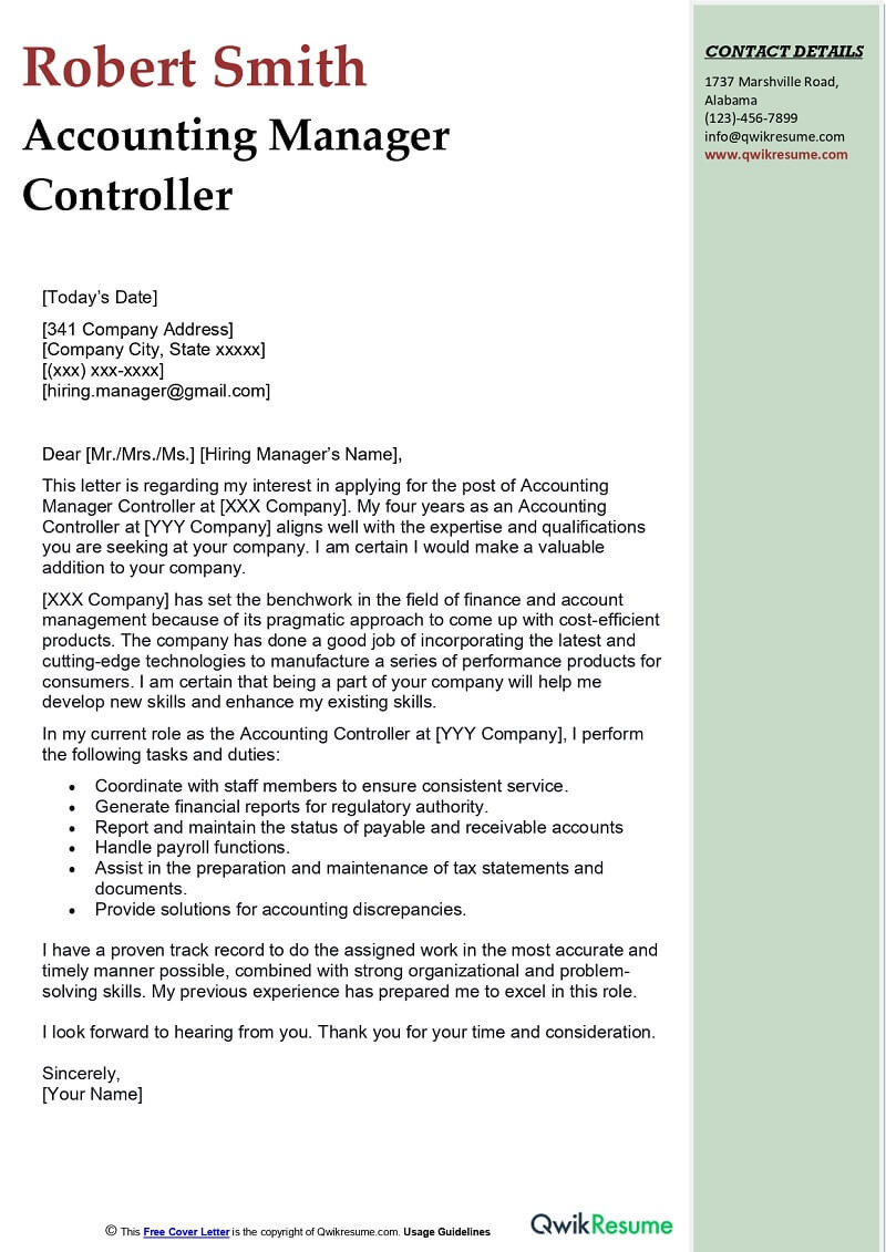 Cover Letter for Resume Sample Accountant Accounting Manager Controller Cover Letter Examples – Qwikresume