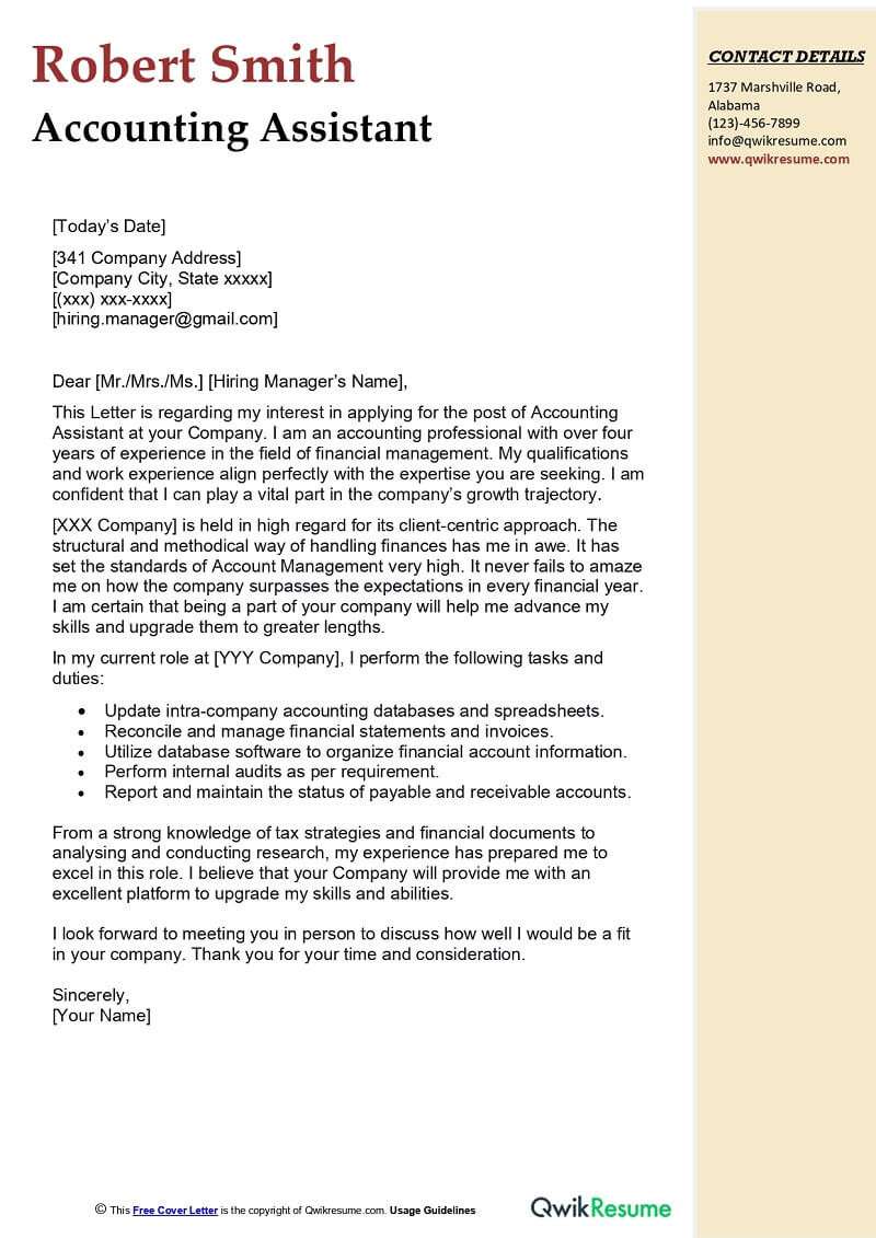 Cover Letter for Resume Sample for Accountant Accounting assistant Cover Letter Examples – Qwikresume