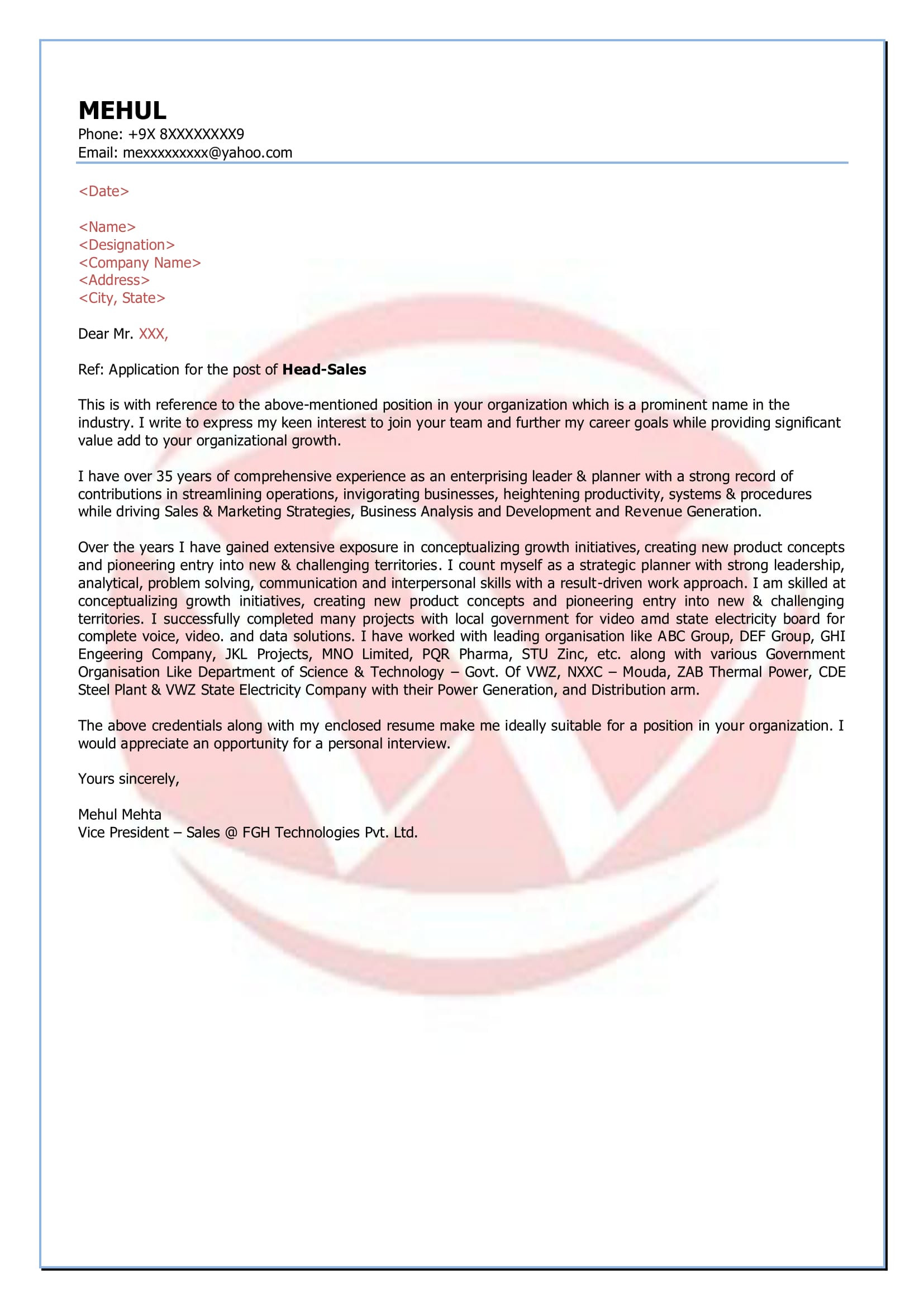 Cover Letter for Resume Sample India Sales Sample Cover Letter format, Download Cover Letter format …