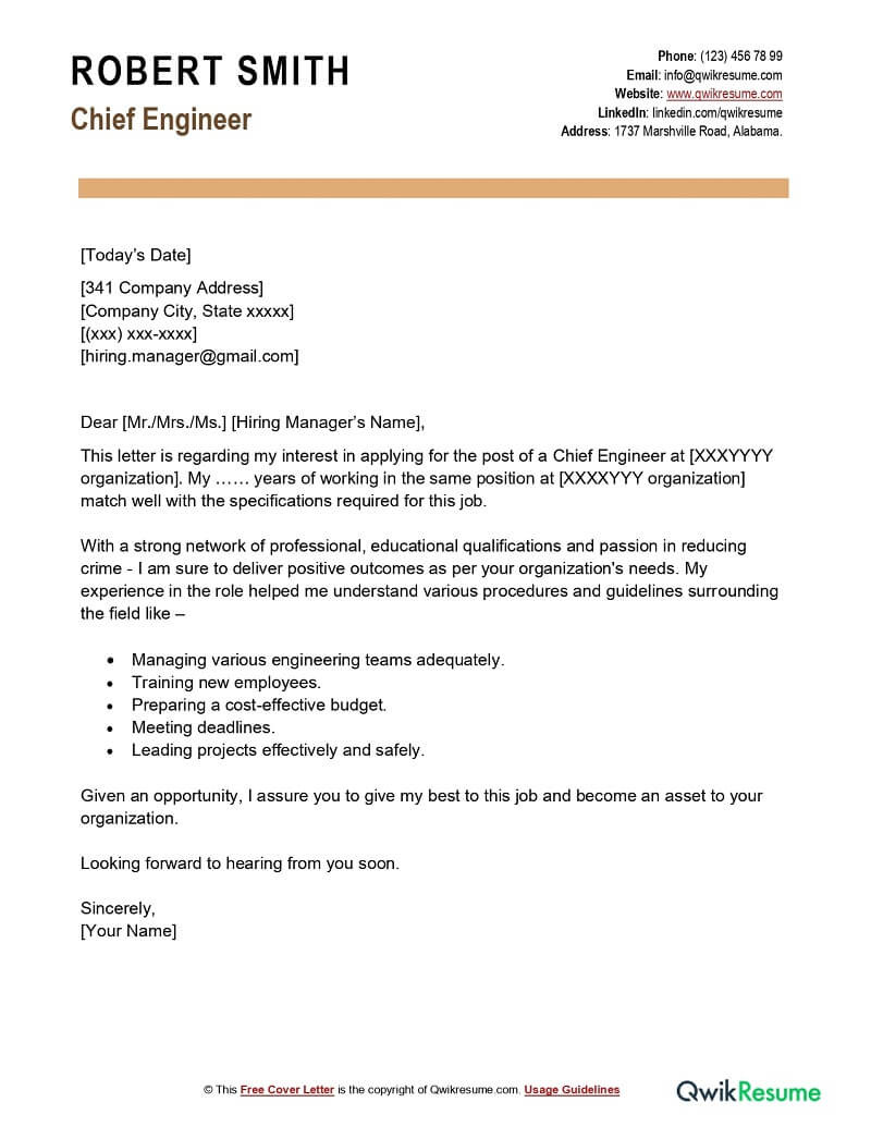 Cover Letter for Resume Samples for Engineering Chief Engineer Cover Letter Examples – Qwikresume