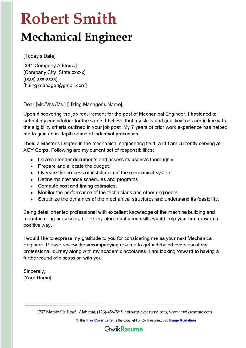 Cover Letter for Resume Samples for Engineering Mechanical Engineer Cover Letter Examples – Qwikresume