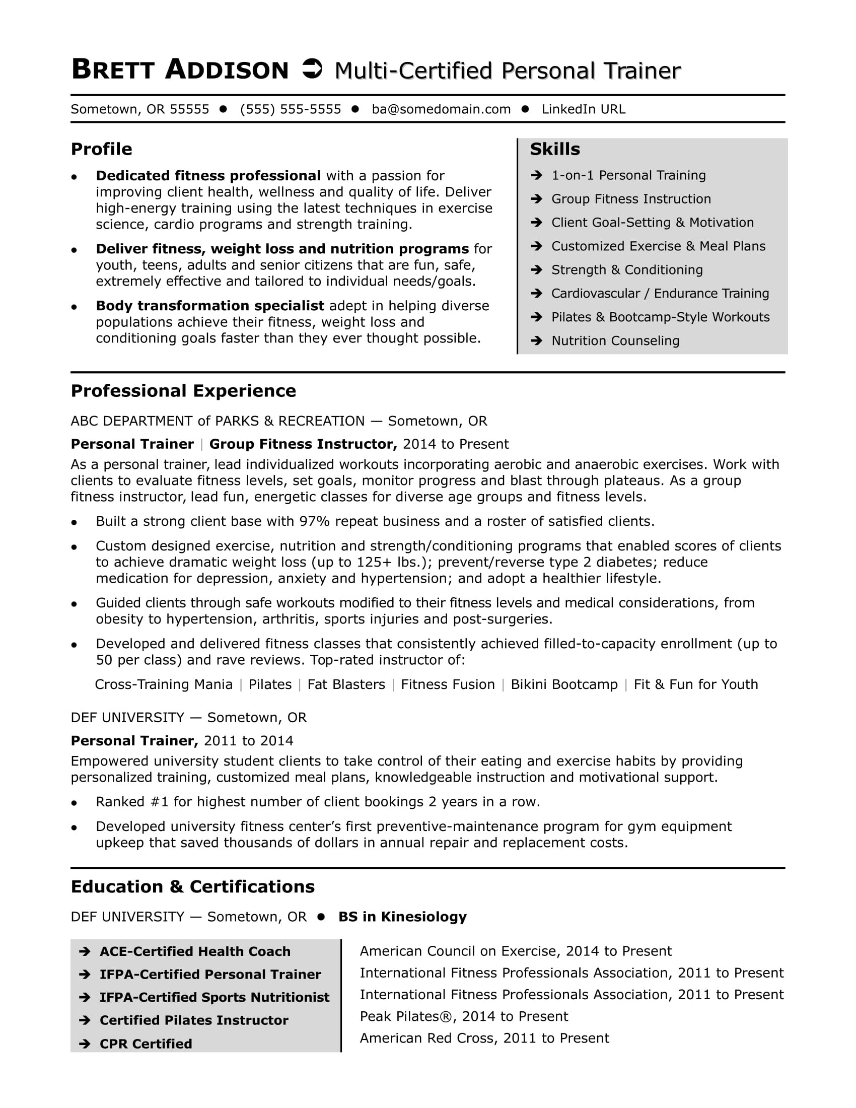 Entry Level Personal Trainer Resume Samples Personal Trainer Resume Sample Monster.com